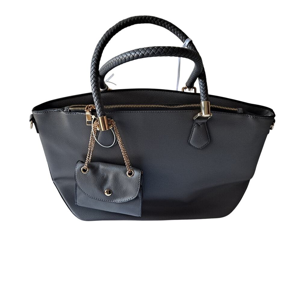 NWT La Terre Handbag Purse 2-in-1 Matching Pouch & Mini Bag Gray Faux Leather